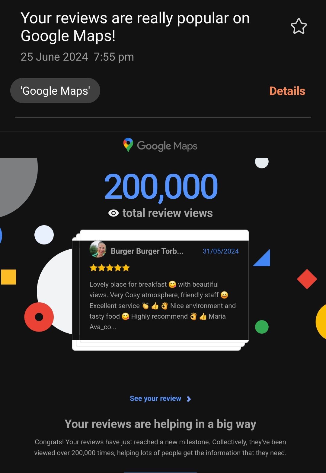 Google Maps congratulatory message for 200,000 total review views with a highlighted positive review.